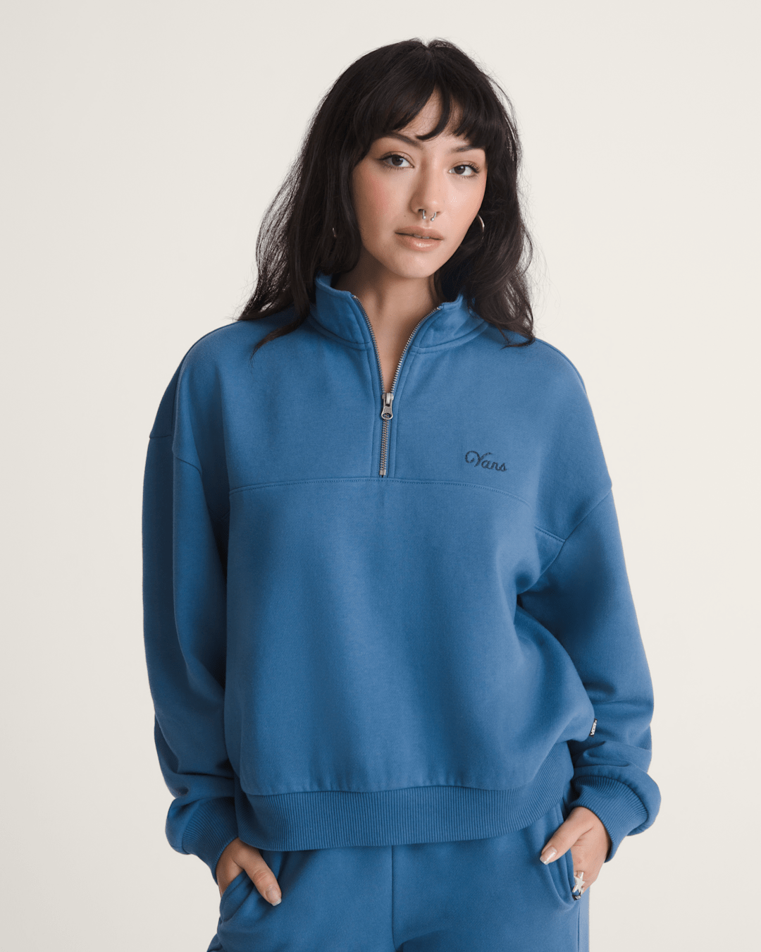 Script Logo Mock Neck Sweatshirt in True Navy Blue | Vans discount