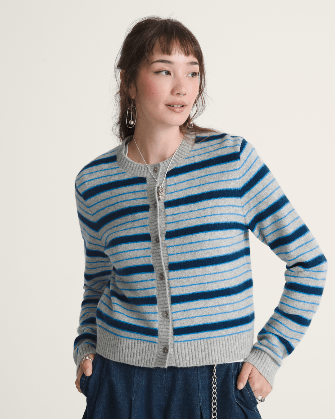 Premium Dolly Stripe Cardigan Sweater in Cement Heather Grey / Bright Azure Blue | Vans sale