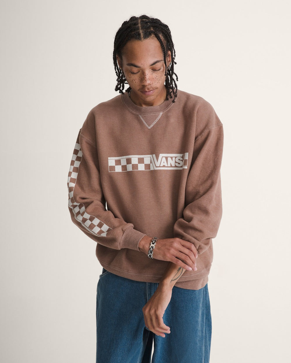 Waffle Shop Checkerboard Vans Style Crew Sweatshirt in Brown | Vans on sale