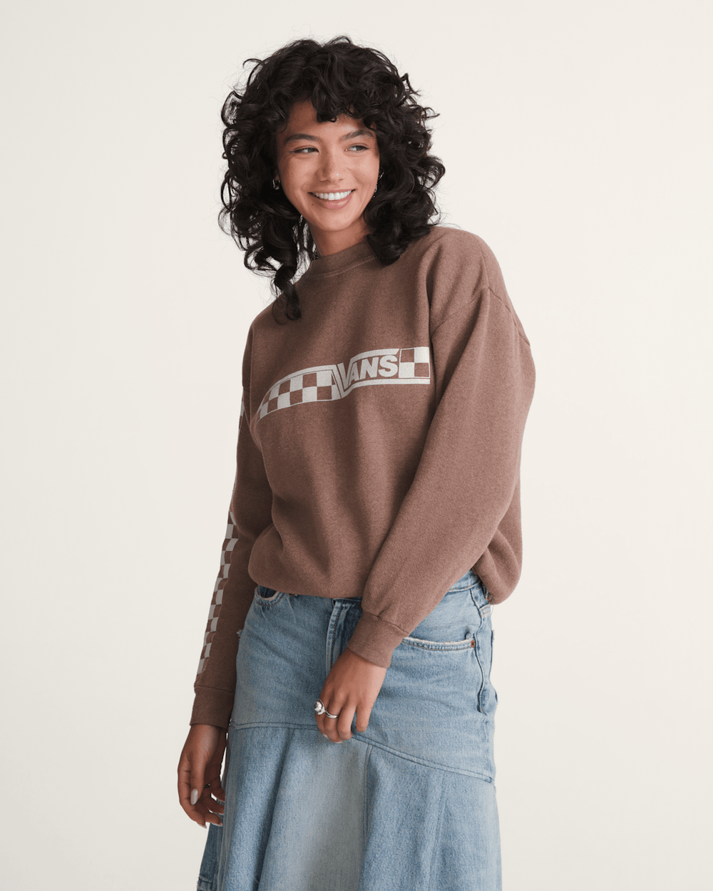 Waffle Shop Checkerboard Vans Style Crew Sweatshirt in Brown | Vans on sale