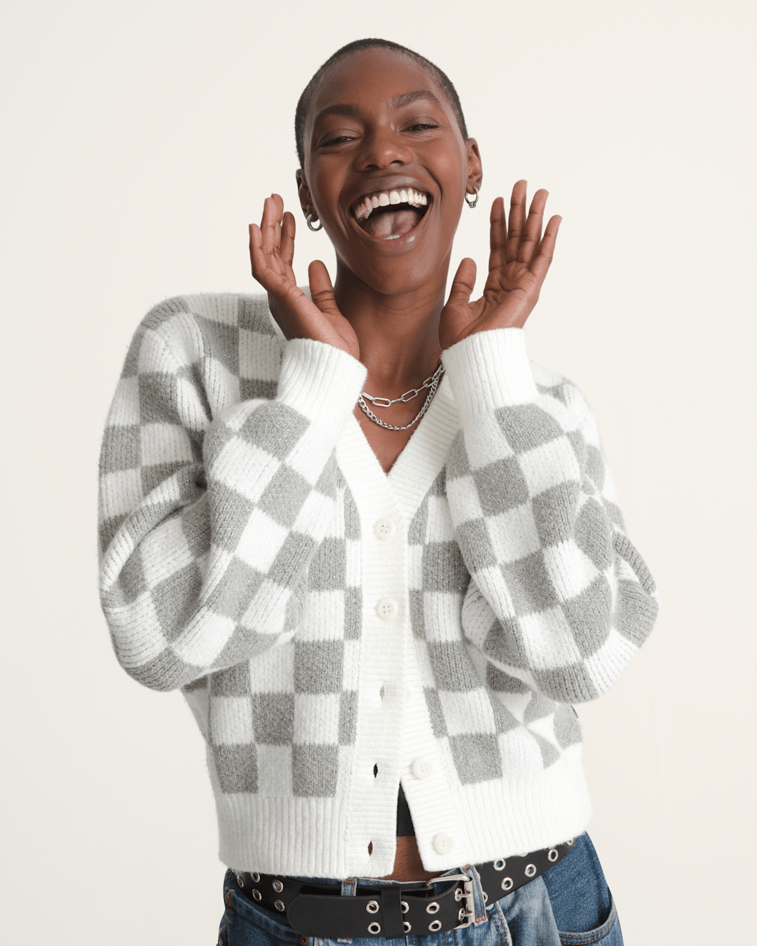 Evelyn Cardigan Sweater in Checkerboard White | Vans outlet