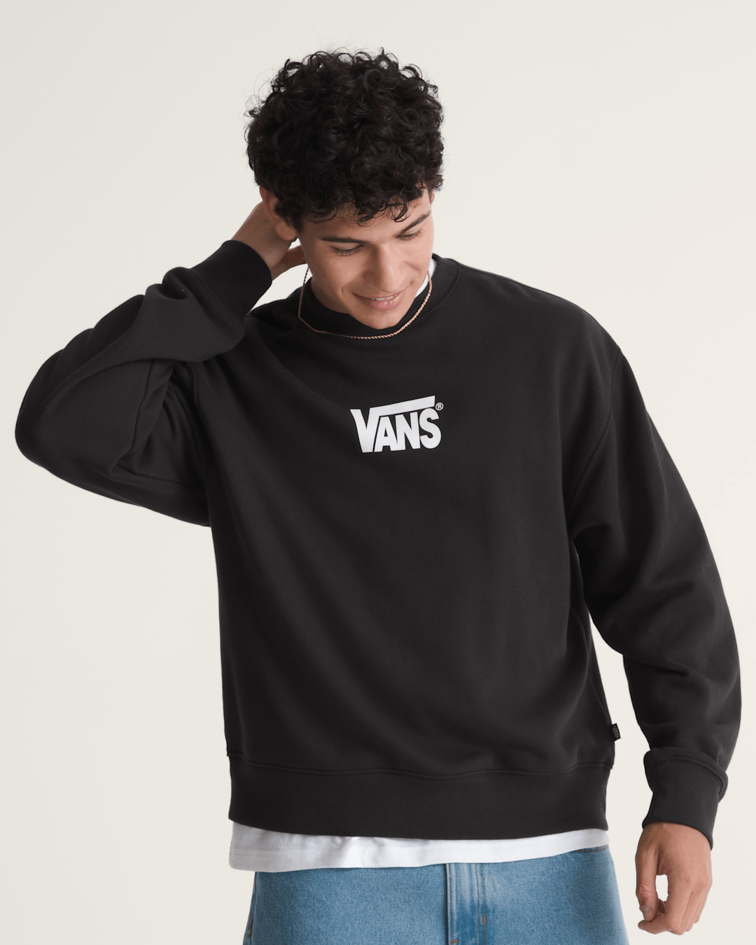 Stretch Logo Crew Sweatshirt in Black / White | Vans on sale