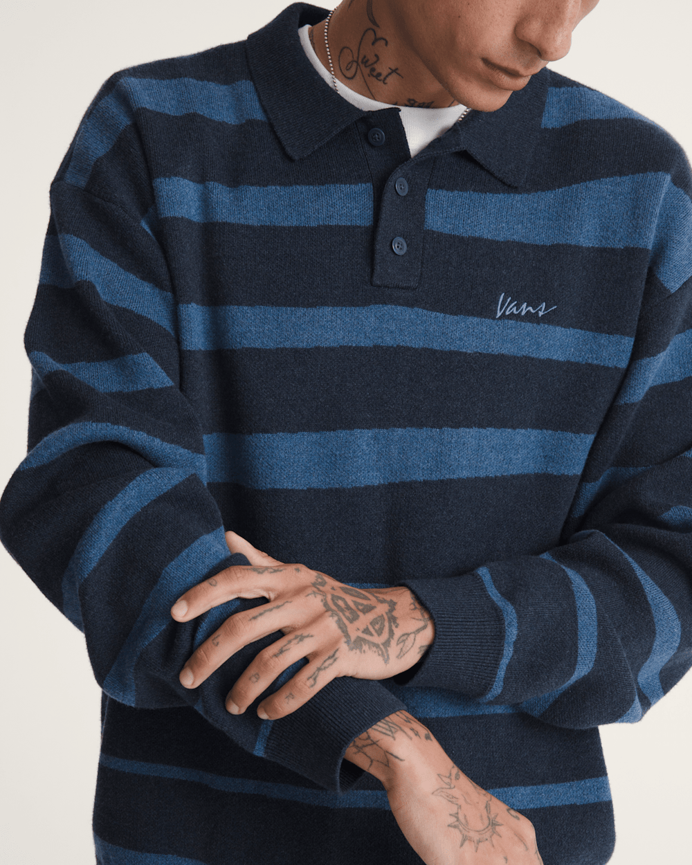 Davis Stripe Polo Sweater in Parisian Night Blue | Vans sale